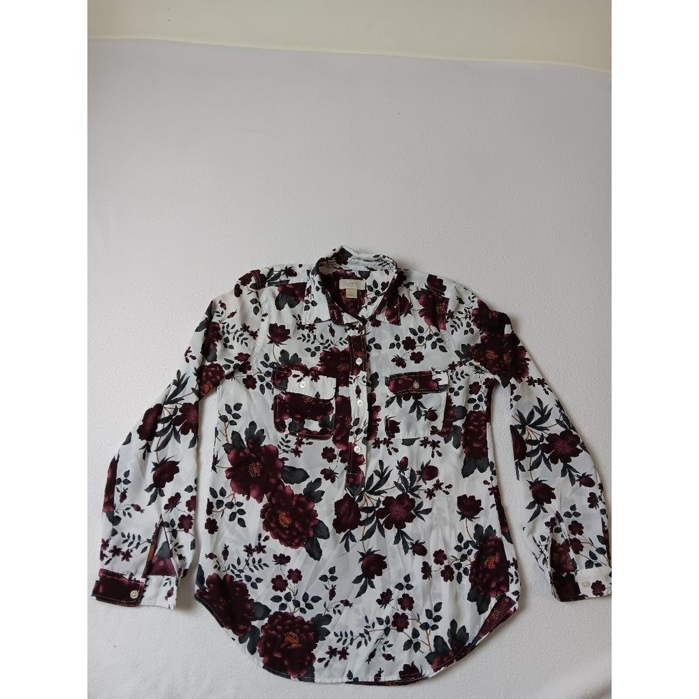 LOFT Outlet Womens S Floral Popover Blouse Long Sleeve White Burgundy Collared
